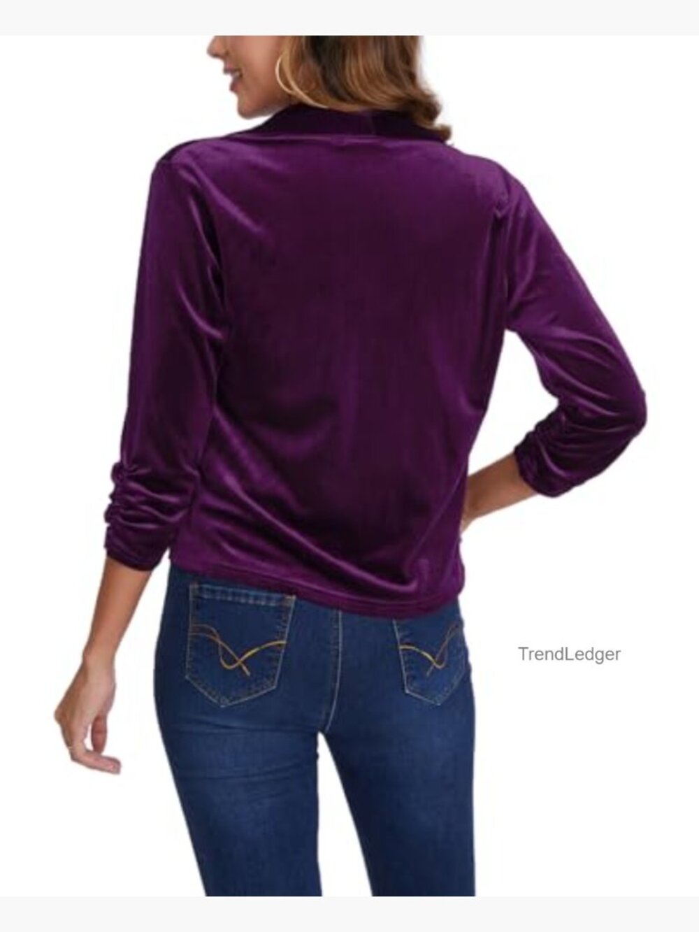 Womens Velvet Blazer Shawl Collar 3/4 Ruched Sleeve Open Front Business Work - Picture 2 of 6